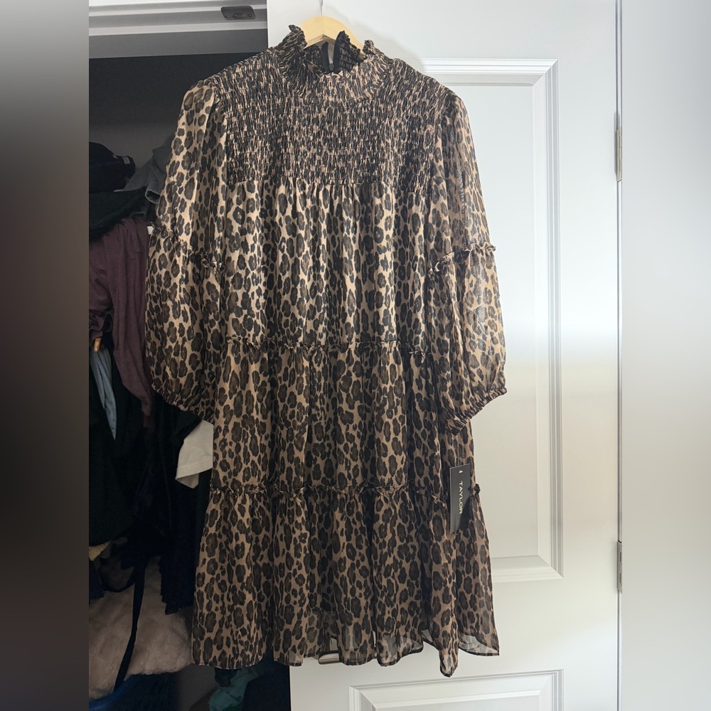 Leopard Print Tiered Smocked Neck Dress - Brown